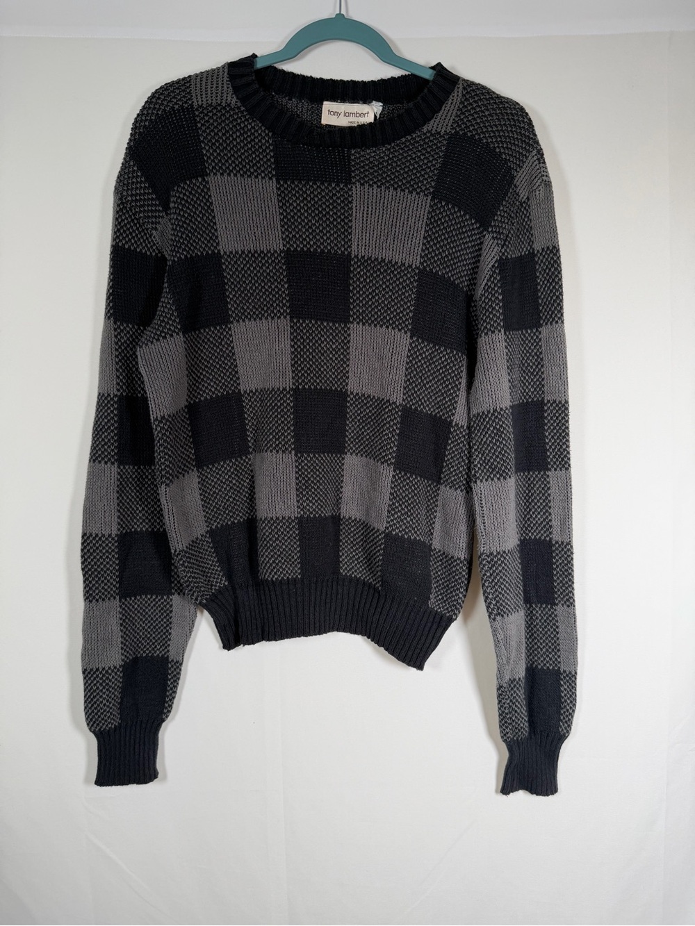 Vintage Tony Lambert Men's Gray & Black Check Crewneck Sweater Grunge, Street
